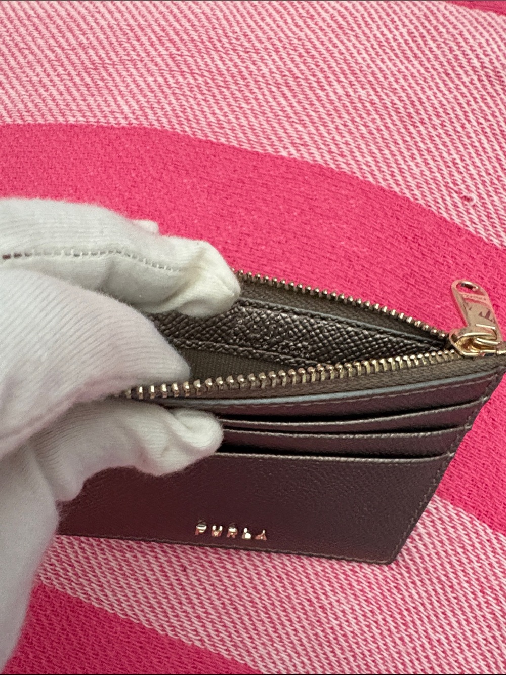 Furla metallic olive Green and Brown Pebbled Leather Card Case - Picture 6 of 8